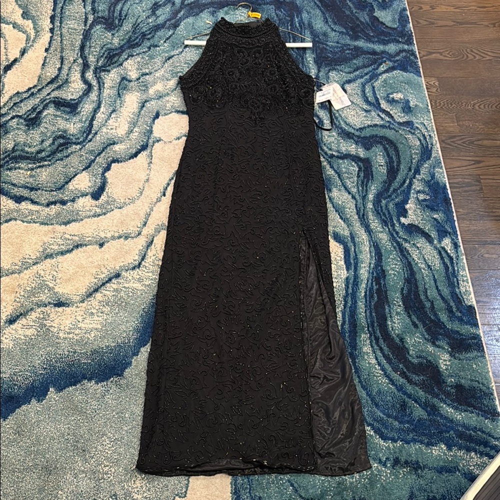 Elegant Black Sleeveless Dress size 6 beaded and sequined full length high neck